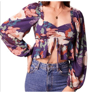 Band Of The Free Purple Floral Ruffle Trim Long Sleeve Crop Top Size M NWT